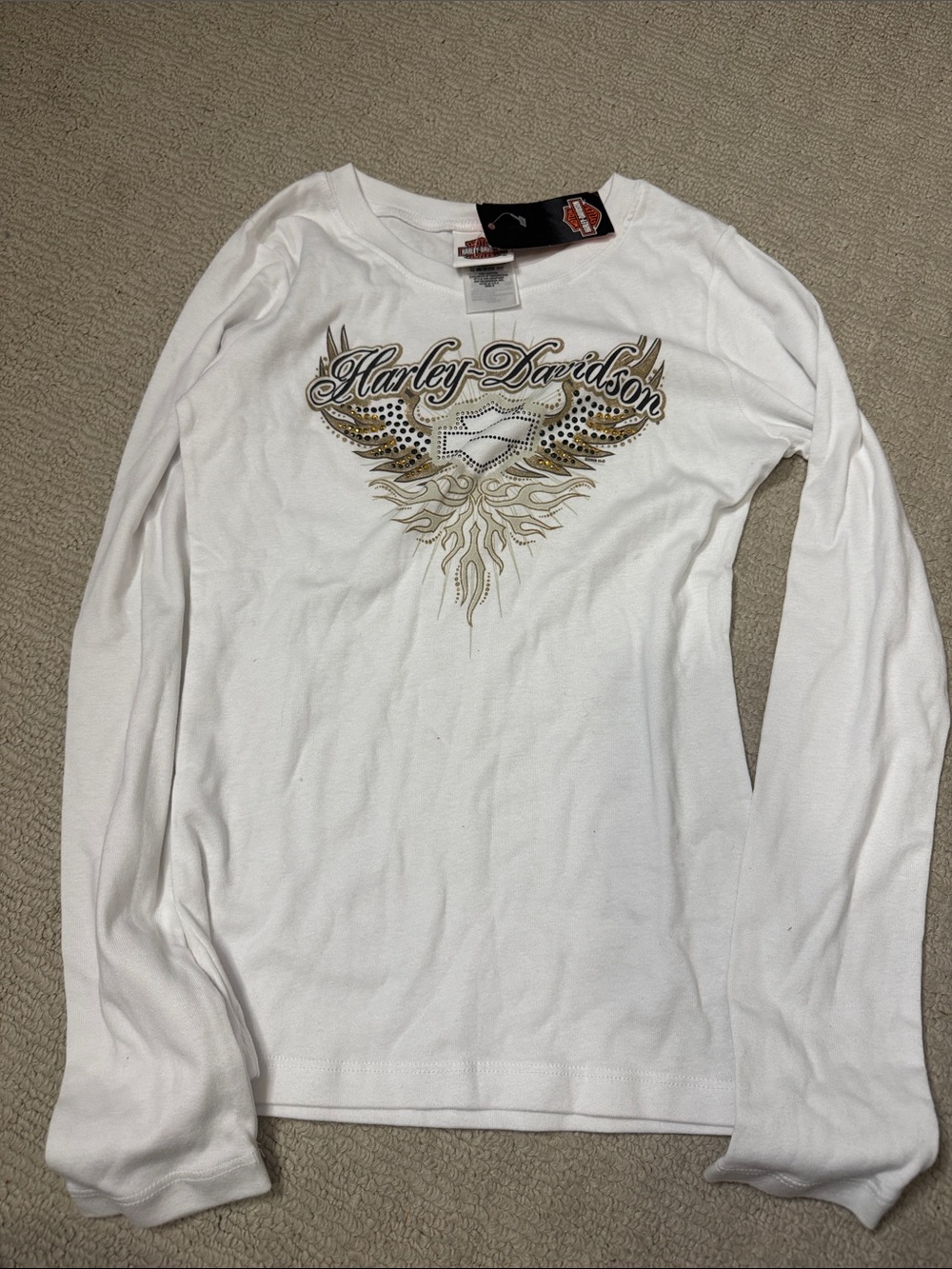 Harley-Davidson White Long Sleeve Crewneck with Gold Wing Logo